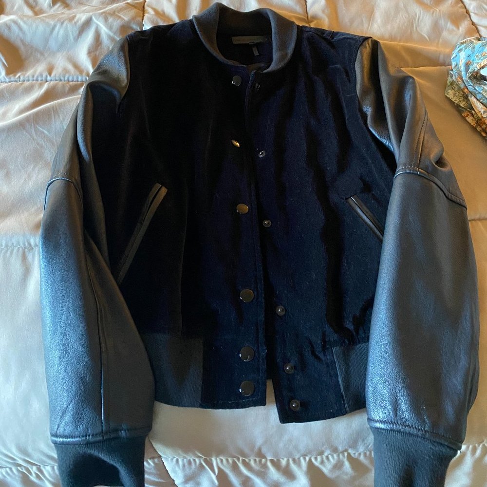 RAG AND BONE Black Velour & Leather Bomber Jacket